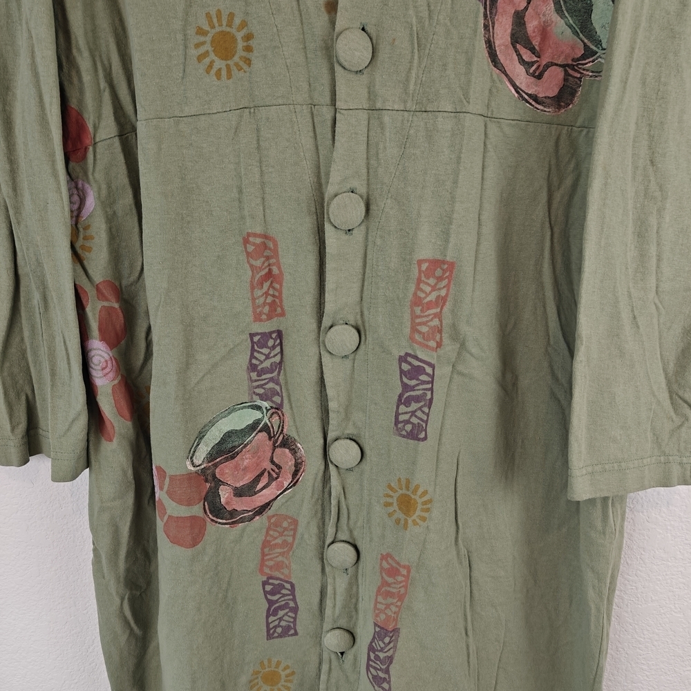 Blue Fish VTG Hand Painted Long Coat Dress Swing Duster Jacket Tea Coffee Cup 2 - Picture 5 of 16